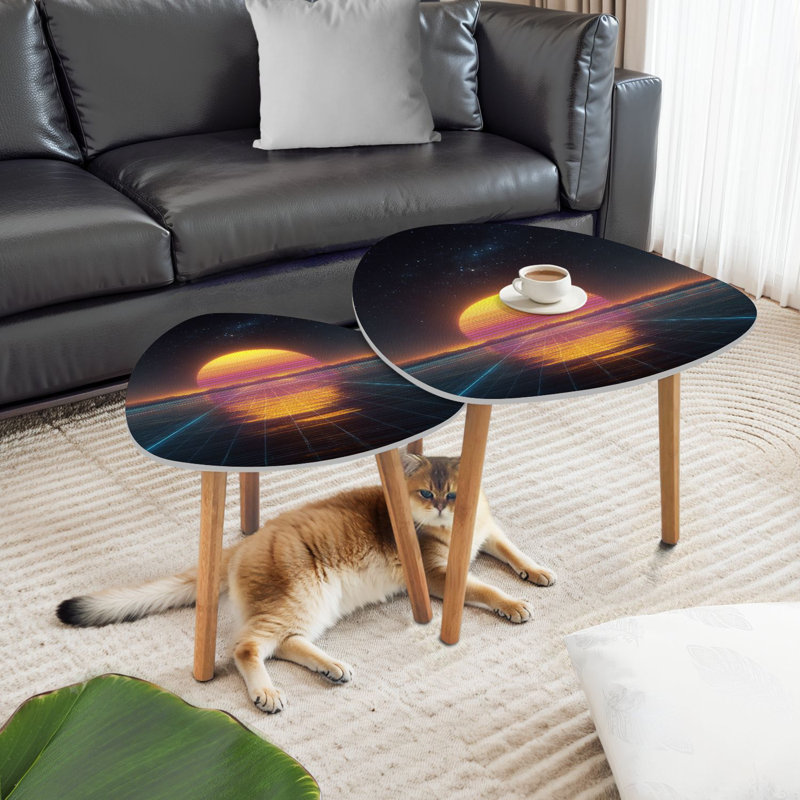 Ensemble de 2 tables basses gigognes triangulaires rétro Sci Fi Sunrise Sunset