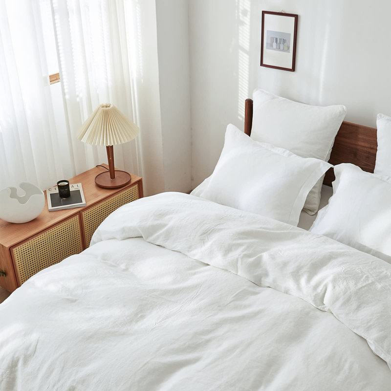 White Queen Size Linen Duvet Cover Set with Pillowcases