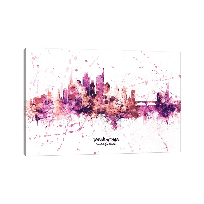 Philadelphia Skyline Splash Pink by Michael Tompsett - 1 Piece Wrapped Canvas Wall Art, 101.6 cm H x 66.04 cm W x 1.91 cm D