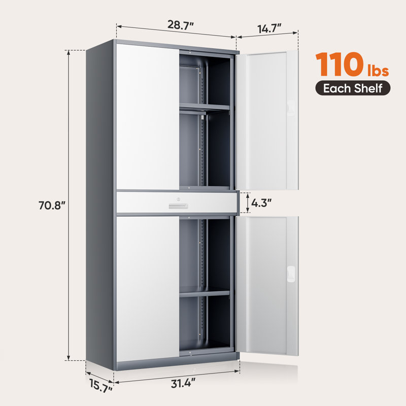 71" Metal Storage Cabinet, Garage Storage Organizer with Locking Doors, Drawer and Adjustable Shelves, Grey/White