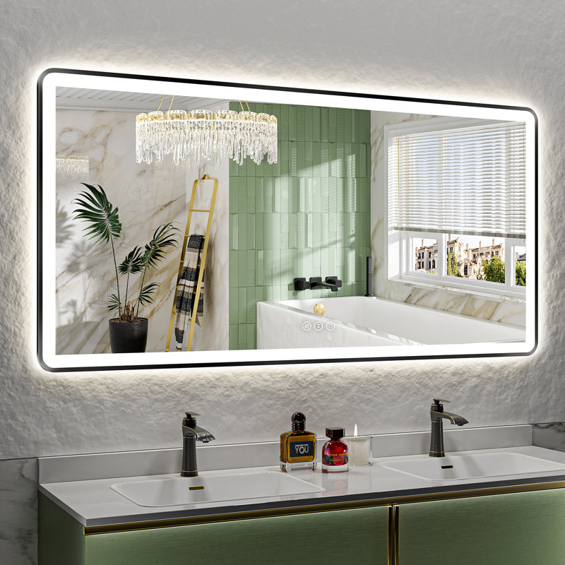 Hyosvany Matte Black Matel Framed LED Vanity Mirror with Front-lit and Back-lit, Memory Function, 3 Color Temperatures, Dimmable Light & Anti-fog Tempered Glass Mirror