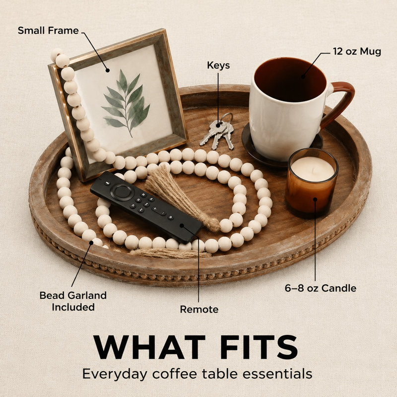 Oval Wood Decorative Tray With 58" Bead Garland Farmhouse Coffee Table & Kitchen Island Decor