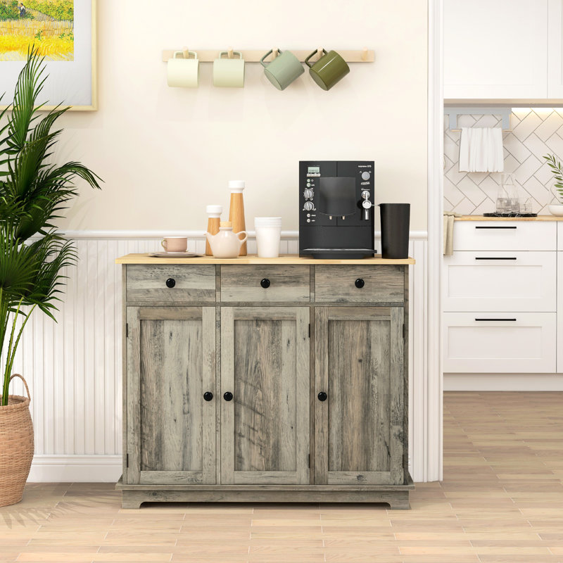 Gray Sideboard - Solid Wood Countertop, 3 Drawers, Doors, Adjustable Shelf A Must-Have For Kitchen Storage Of Plates, Pots, Pans, Utensils, Napkins Modern Unit Gray, Fits Your Requirements With