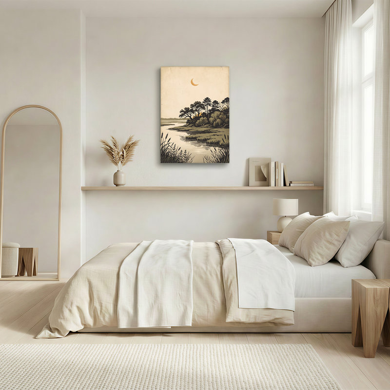 «River Trees and Crescent Moon», art mural sur toile demi-teinte rétro, H 18 po x l 12 po