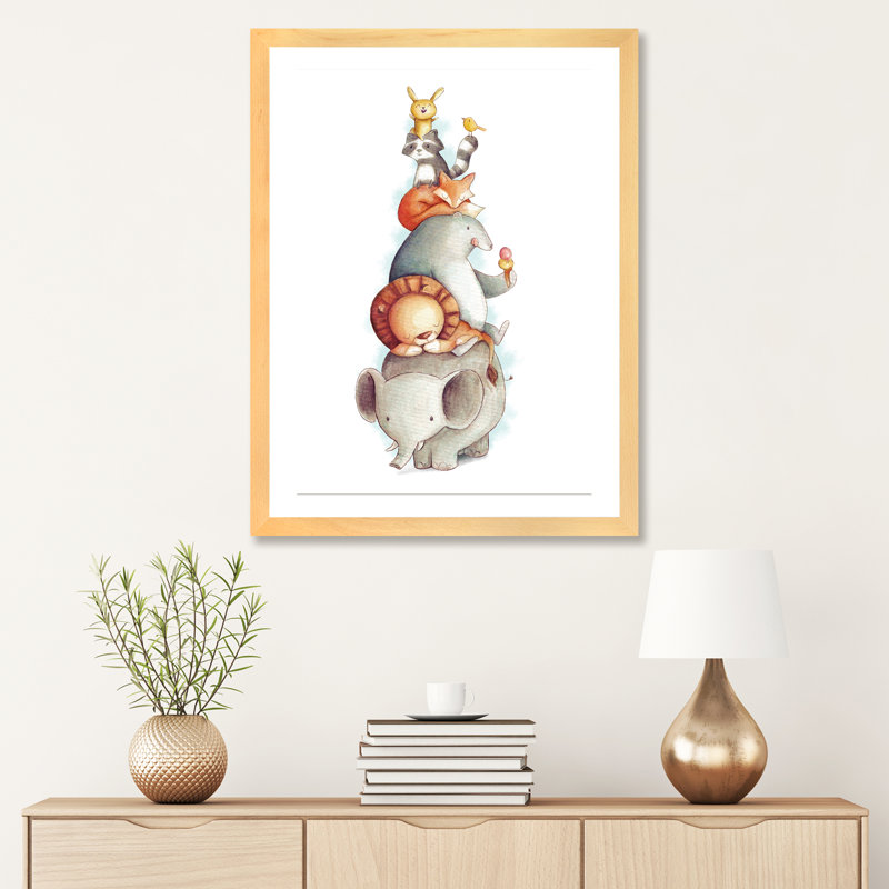 «Party Animals» par Mike Koubou - impression d'art graphique, H 32 po x l 24 po x P 1 po, Papier encadré de bois naturel