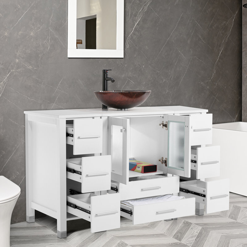 Getzel 48 Single Bathroom Vanity with Wood Top, Vessel Sink, Zinc Alloy Faucet, Solid Wood Legs, White, Brown