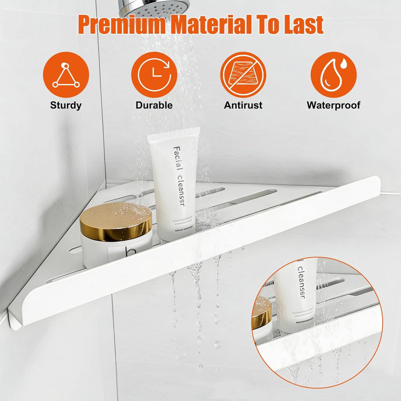 Panier de douche en coin triangulaire à fixer par adhésif et vis, organisateur de rangement de salle de bain en métal antirouille avec colle adhésive, blanc