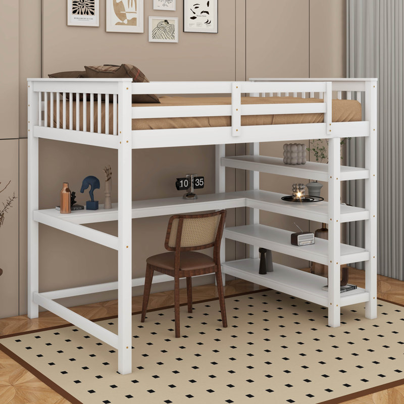Lit mezzanine double avec tablettes et bureau, Blanc