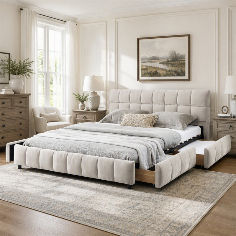 Queen Size Upholstered Bed, Beige, Queen