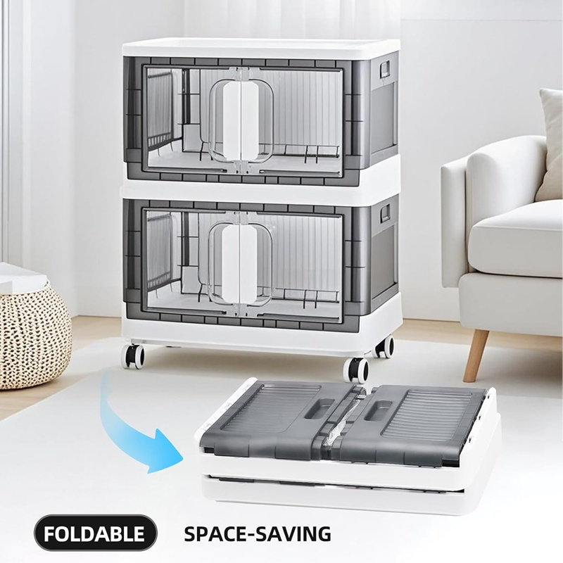 Organisateur de rangement pliant avec roulettes silencieuses - Bac de rangement en plastique robuste empilable avec porte transparente, disponible en 3 tailles, pour la maison ou le bureau