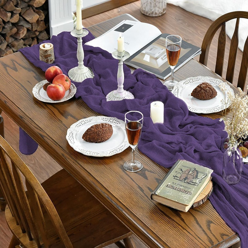 Boho Cheesecloth Gauze Purple Wedding Table Runner, 120 Inch Seasonal Christmas Winter Fabric Kitchen Dining Holiday Table Decor For Home Party Indoor