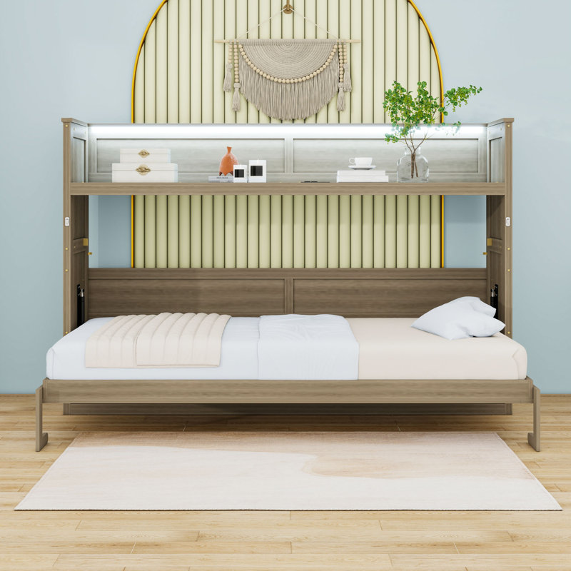 Lit escamotable simple en bois avec bureau, station de charge et lumière DEL