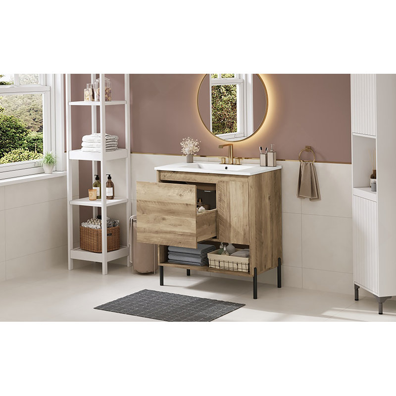 Meuble-lavabo moderne en bois de 30 po avec tiroir coulissant, lavabo en céramique et tablette ouverte pour un rangement efficace