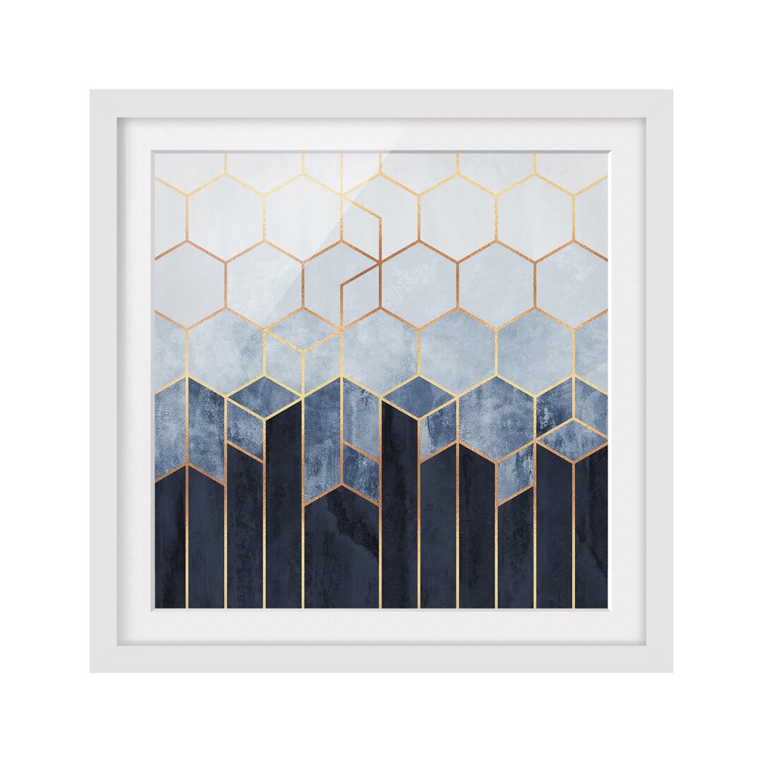 Gerahmtes Poster Golden Hexagons Blue White