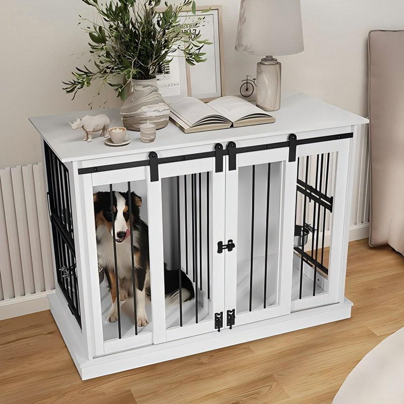 White Medium Wooden Dog Crate Table with Sliding Doors