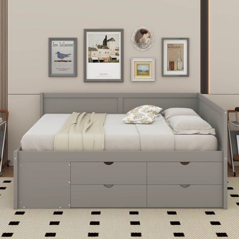 Lit de jour avec tiroirs et tablettes, Gris, Lit double