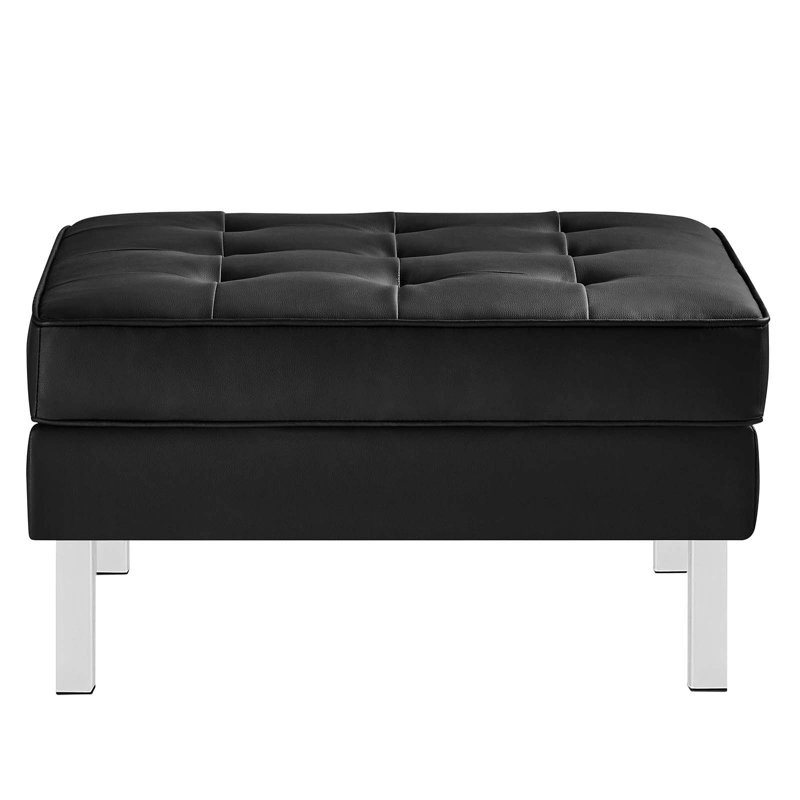 Loft Tufted Vegan Leather Ottoman, Black Faux Leather