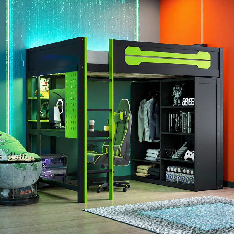 Lit mezzanine pleine grandeur avec lumières DEL, bureau intégré et garde-robe - Lit pour enfant peu encombrant pour étudier et jouer