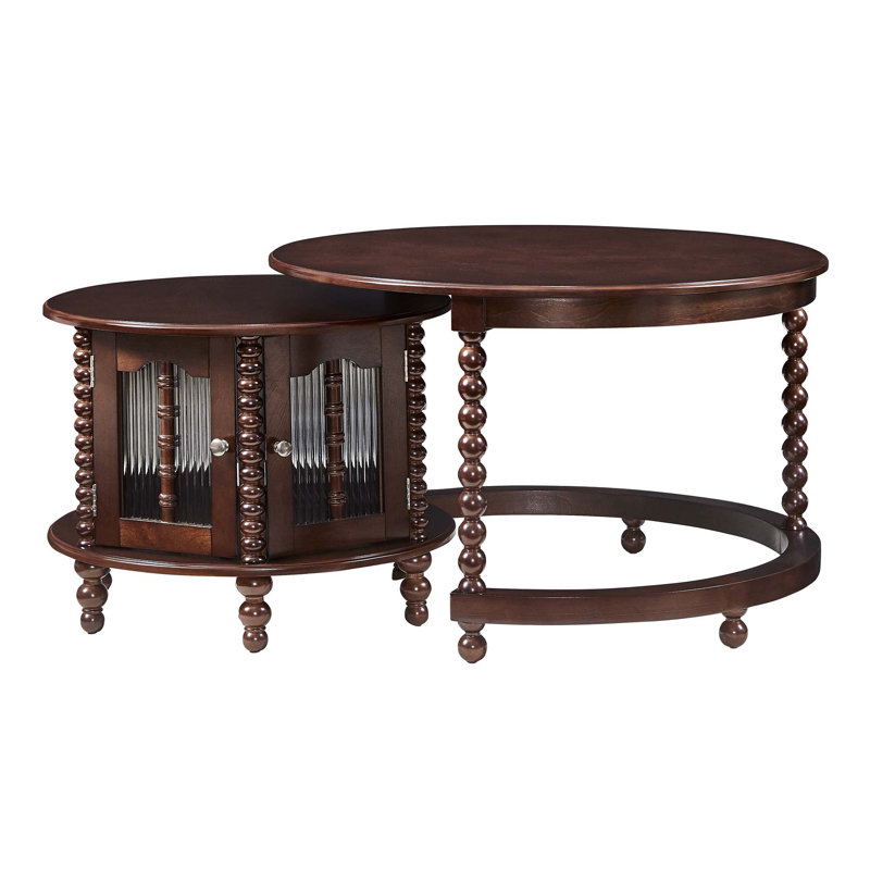 Table basse gigogne vintage rétro, six portes décoratives en verre en forme de bambou, pieds rétro perlés, noyer, 31,5 po