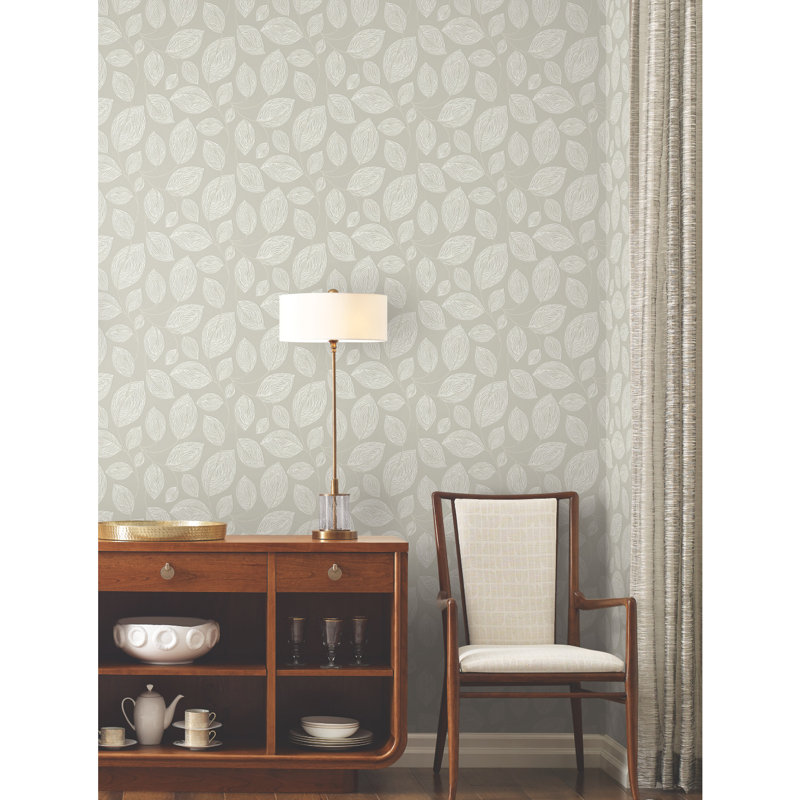 Contoured Leaves Floral Vinyl Wallpaper Roll, Taupe