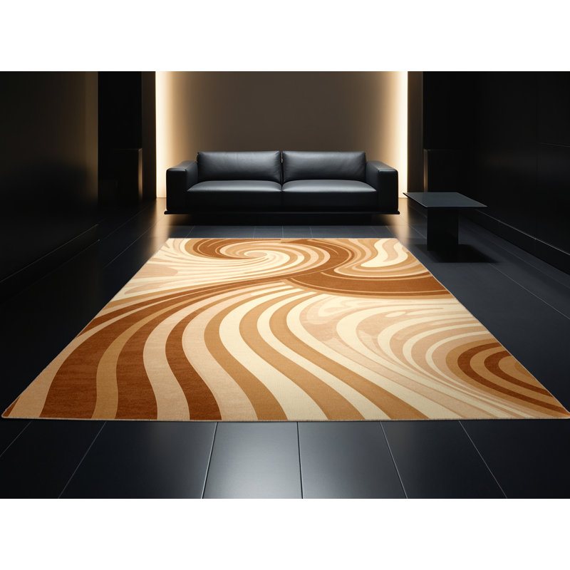 Machine Washable Manhasset Bold & Eclectic Modern Arc Rug in Brown – Beige Binding, 5' Square