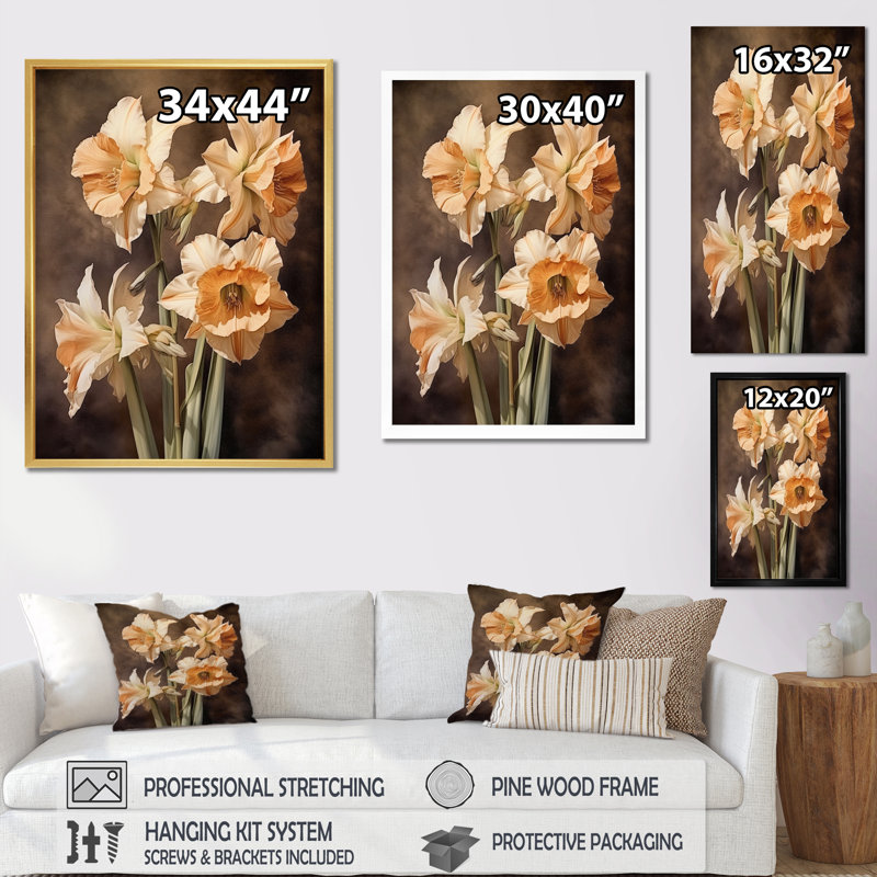 «Brown Green Daffodils Natures Impression», reproduction sur toile, Cadre flottant noir, H 20 po x l 12 po x P 1 po