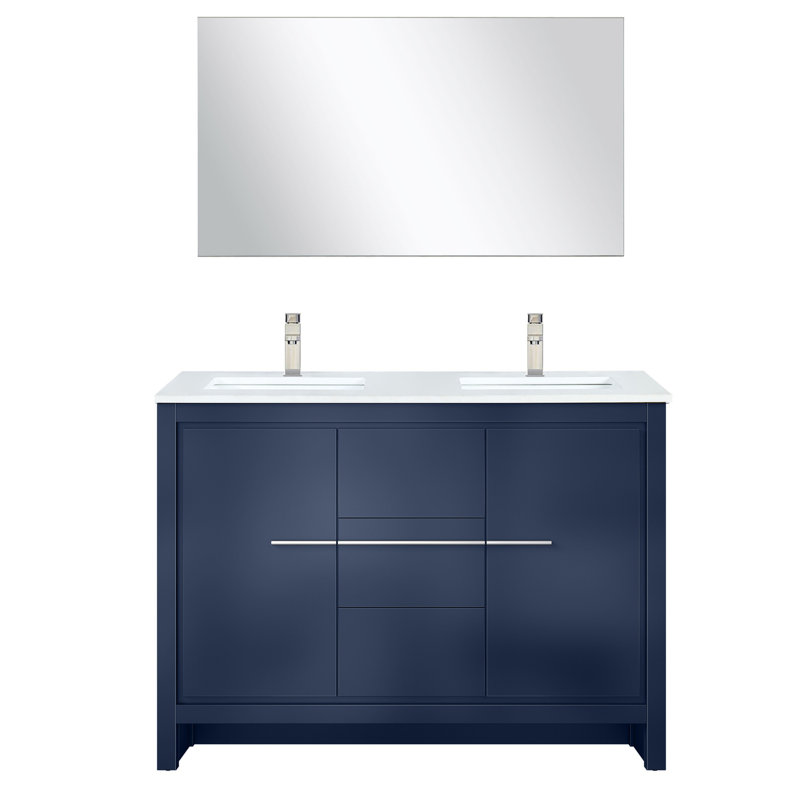 Meuble-lavabo double bleu marine 48 po L 20 po x P 20 po, surface en quartz blanc, robinet en nickel brossé, miroir 43 po et teinté - meuble-lavabo P 48 po, comptoir, grattoir 43 po - fabrication