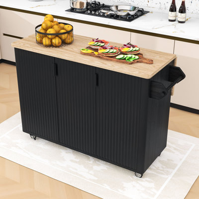 Erela Farmhouse Rolling Kitchen Island Cart with Drop Leaf and Internal Storage Racks