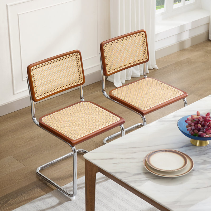 Benett Modern 46cm Natural Woven Rattan Dining Chairs with Metal Frame Small Kitchen Side Chairs, 2, Natural/Walnut/Chrome