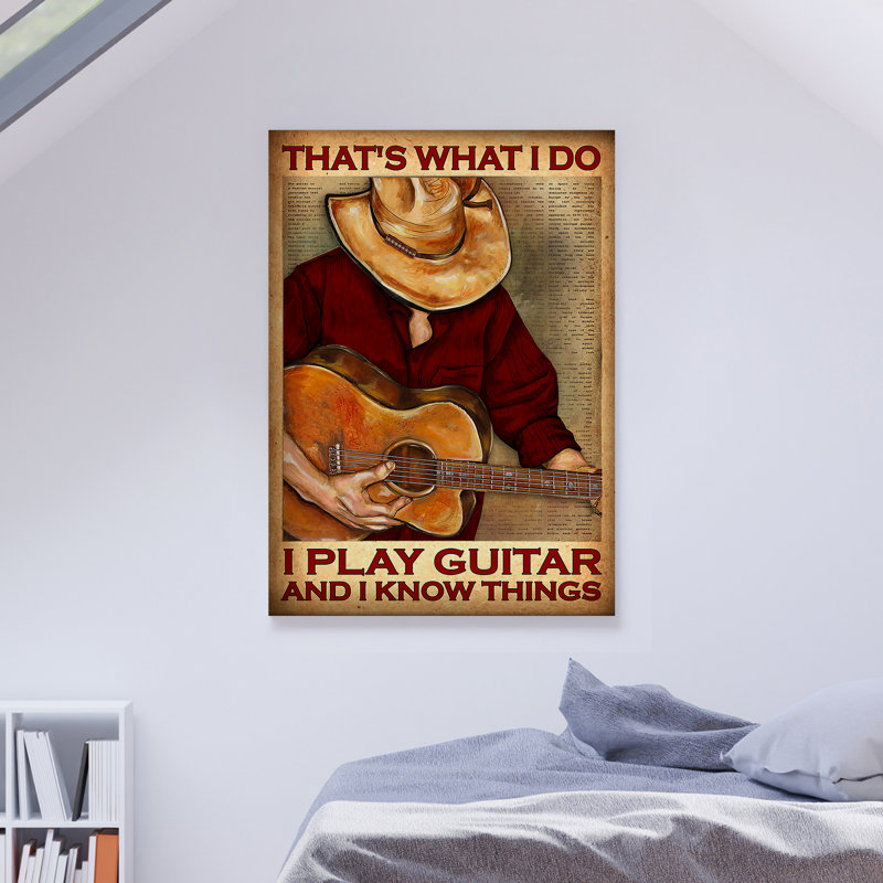 «Man Play I And Guitare And I Know Things», toile tendue avec châssis - Illustration musicale, décor de chambre brun et rouge