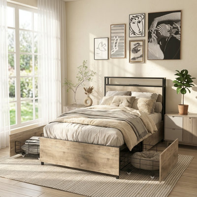 Twin Bed Frame, Storage Headboard With Charging Station