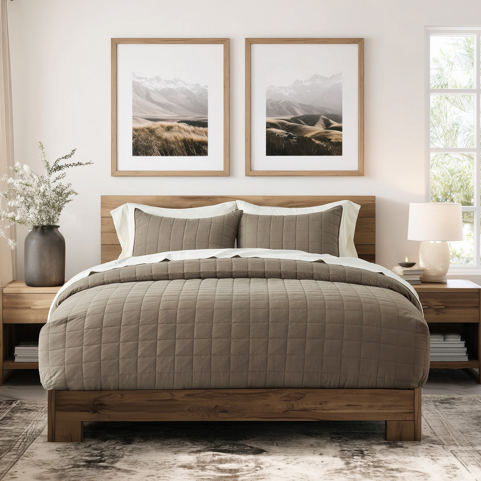 100% Cotton Box Stitch Quilt Set, Mocha Brown, King Quilt + 2 King Shams