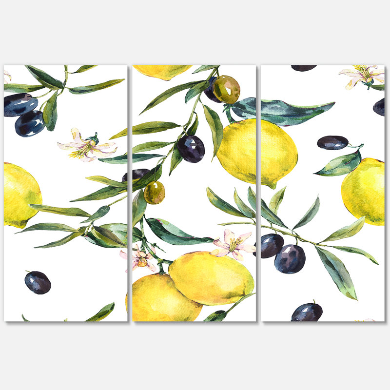 Citron et branches d'olivier II - peinture sur toile tendue 3 pièces