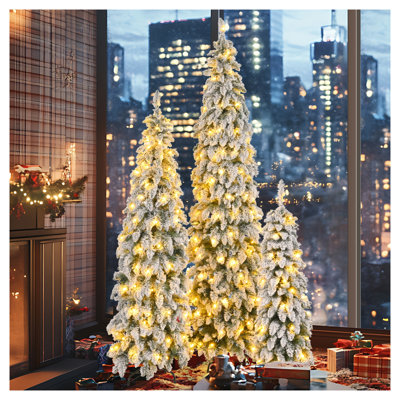 8FT, 6FT, 4FT Pre-Lit Pencil Christmas Trees, 3-set Slim Artificial Christmas Tree With Snow Flocking, Xmas Holiday Decoration Tree, 1455 Branch Tips, 520 LED Lights, 11 Lighting Modes