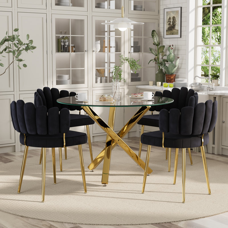 Round Glass Dining Set for 4-6, Black, 5 Pieces: Table, 4 Chairs, 29.95 H x 39.37"L x 39.37"W