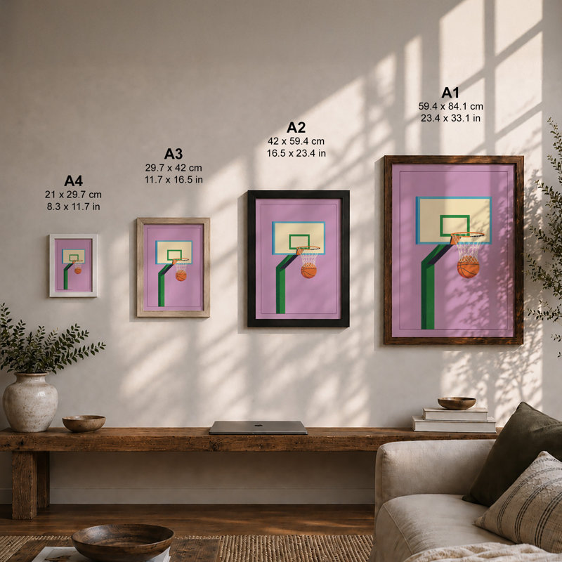 Basketball Hoop Geometry Geometric - Framed Print, A2 - 59.4 x 42.0 cm, Walnut