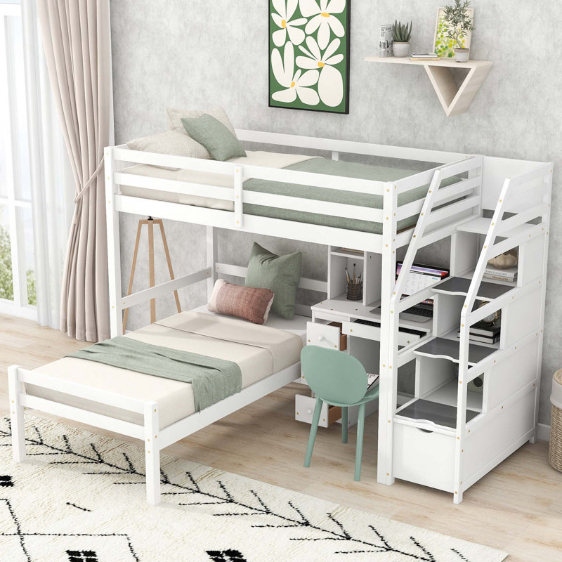 Lit mezzanine simple avec lit autonome, escalier de rangement, bureau, tablettes et tiroirs, Blanc