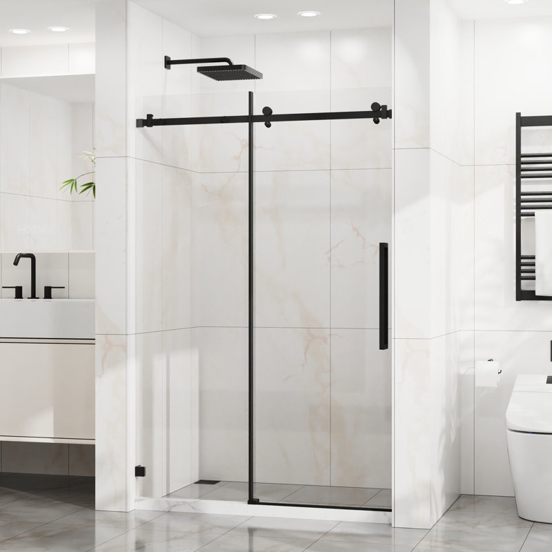 Porte de douche coulissante à largeur réglable de 44 à 48 po, verre trempé transparent de 6 mm, technologie anti-éclaboussures, conception moderne pour porte de salle de bain en verre avec roulettes en acier inoxydable de 1/4 po de 6 mm, finition noir mat