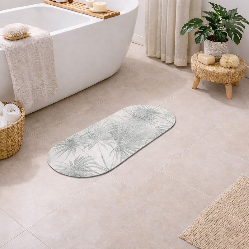 Decorative Runner Bath Mat 40x18 – Ultra Absorbent Quick Dry Rug with Anti-Slip Rubber Backing, Light Gray Palm Tree