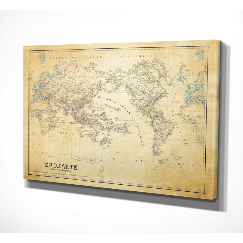 Carte du monde rétro «Parchement», reproduction d'art graphique encadrée, H 18 po x l 27 po x P 1,5 po, Toile tendue