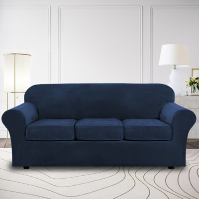 Modern Soft Velvet Plush 4 Piece High Stretch Sofa Slipcover Furniture Protector Luxury Thick Velvet Sofa Cover for 3 Cushion Couch Machine Washable
