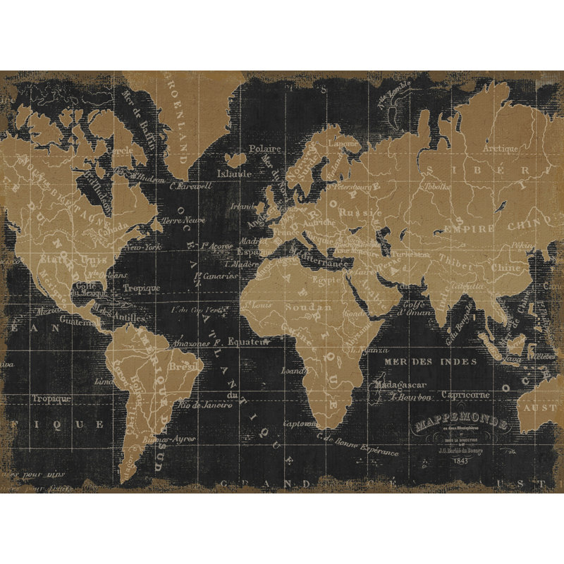 «Mappemonde Borderless Black Gold» par Pela Studio - impression sur toile tendue, H 12 po x l 16 po