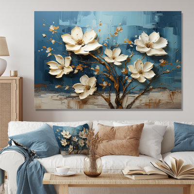 Orchidée bleue et blanche jardin de branches V - art mural floral abstrait