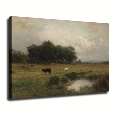 «Vintage Pasture Meadow With Cows And Small Pond», peinture à l'huile sur toile tendue avec grande galerie pour salon chambre à coucher