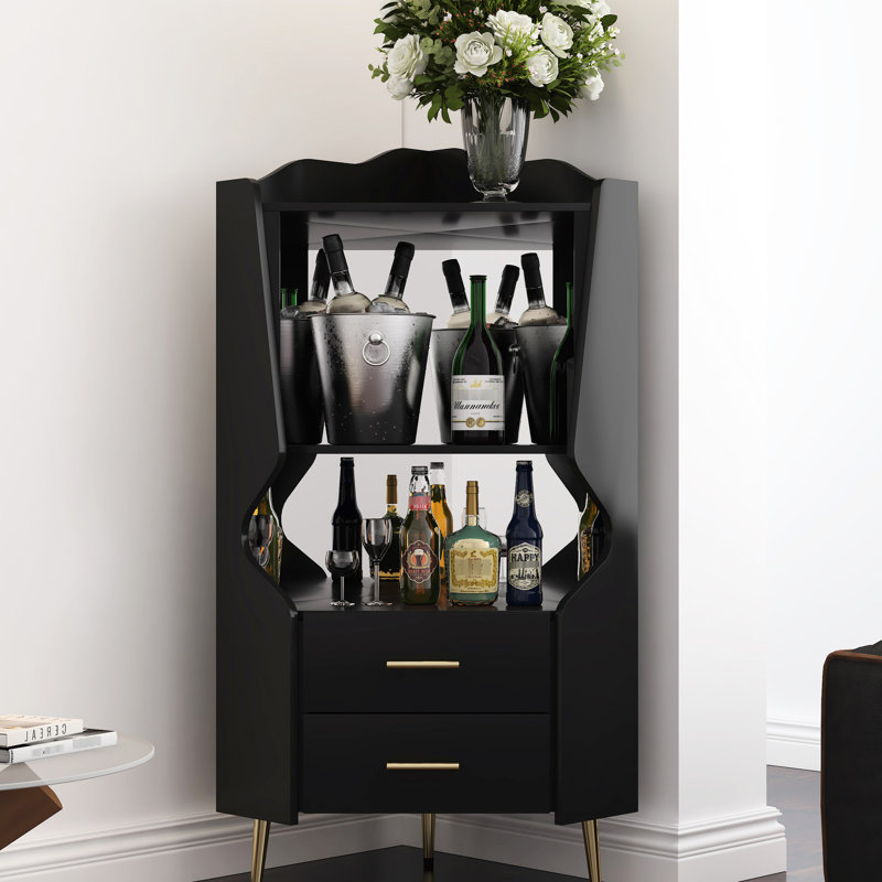 Meuble-bar de coin noir avec fond intérieur miroir, rangement ouvert à 2 étagères, tiroirs à fermeture douce, pieds hauts pour aspirateur, étagères indépendantes pour bouteilles de vin et objets de décoration, nettoyage facile