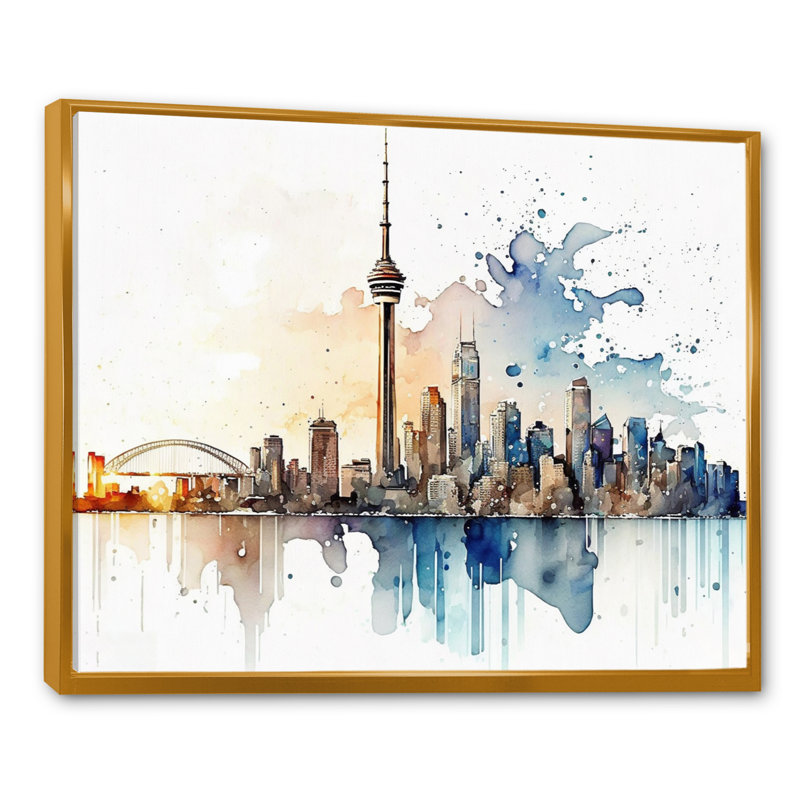 Toronto Skyline I - art mural Toronto, Toile avec cadre flottant or, H 16 po x l 32 po x P 1 po