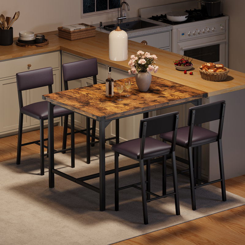 Ensemble table haute de bar 5 pièces pour 4 personnes - Table haute de bar + 4 tabourets de bar rembourrés avec dossier et repose-pieds - Structure métallique compacte, protections d'angle - Brun classique