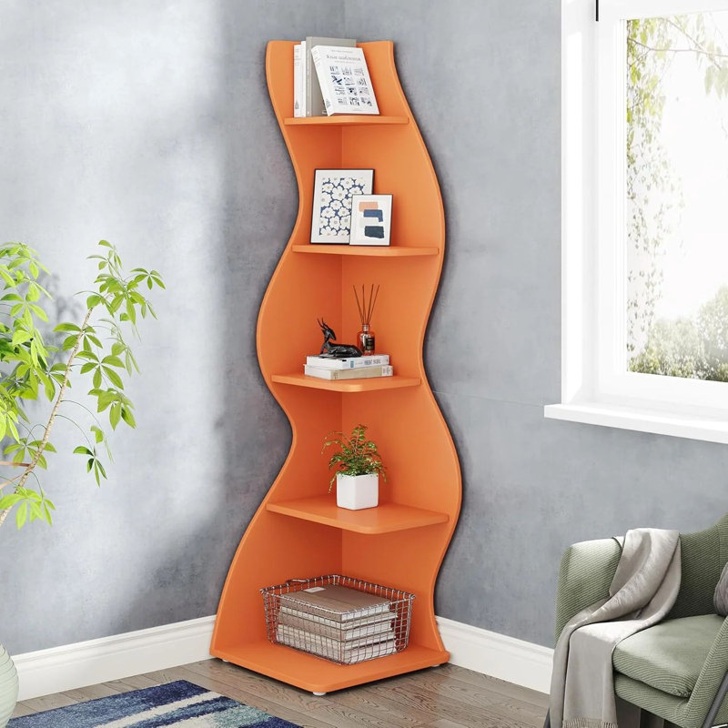TribeSigns 5-Tier Corner Shelf, Modern Wall Corner Bookshelf Bookcase, Orange