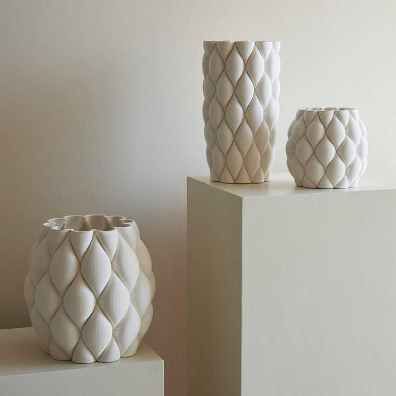 Pillowed Printed Vase-Matte White-Lg, 9.75" H x 9.25" W x 9.25" D