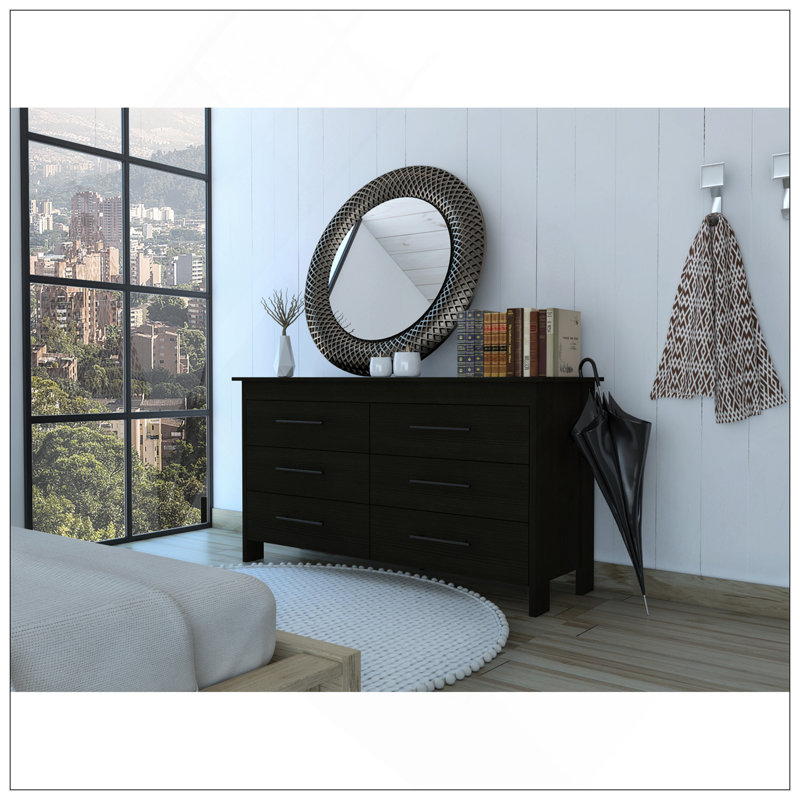 Commode double, quatre pieds, 6 tiroirs, plateau supérieur, noir, Noir